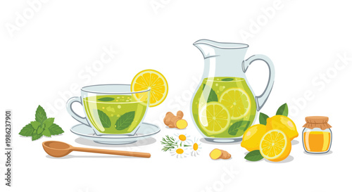 Refreshing herbal tea ensemble includes a glass pitcher and cup filled with lemon slices and mint leaves alongside fresh ginger on a plain white table.