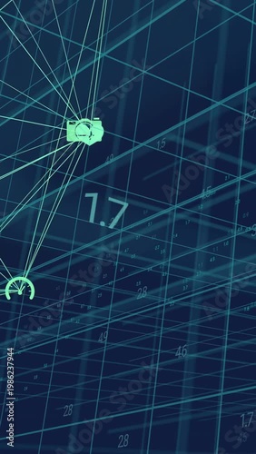 Vertical video: Data ping mint cam+heart icons drifting linking, values updating showing net growth