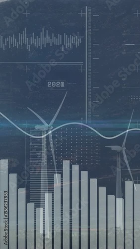 On playback starting two wind turbines anchoring, blades rotating, HUD charts showing wind power