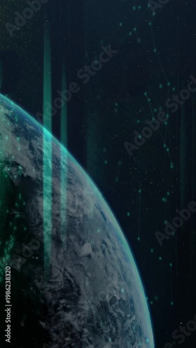 Vertical video: Planet rotating as camera panning in tech, pulsing teal beams revealing detail