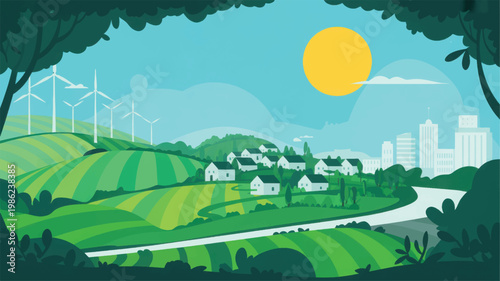 Eco-friendly village with wind turbines under golden sunset