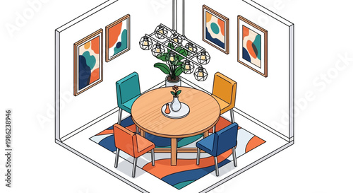 Isometric vector illustration showing a modern room diorama with a round dining table and colorful chairs, set against a white background with abstract art and a decorative light fixture
