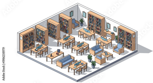 A vector illustration depicts an isometric home office interior design with bookshelves and desks arranged meticulously, the room diorama bathed in neutral tones and presented in a clean