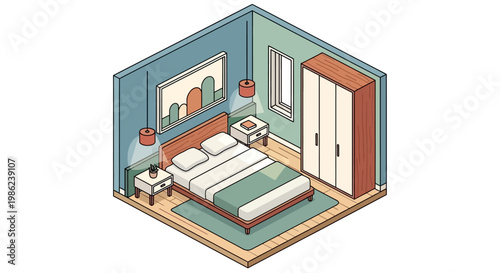 Isometric vector illustration depicting a cozy bedroom interior design in a room diorama style, showcasing a bed, wardrobe, and bedside tables against a blue and green color palette