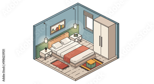 Isometric vector illustration of a bedroom diorama, showcasing detailed home interior design with a neatly made bed, wardrobe, and bedside tables, rendered in a clean, minimalist style