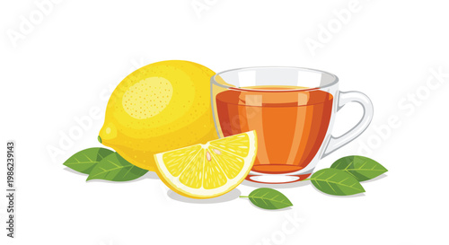 Vibrant amber tea glows inside a clear glass cup positioned beside a large whole yellow lemon and a fresh citrus wedge resting on lush green leaves.