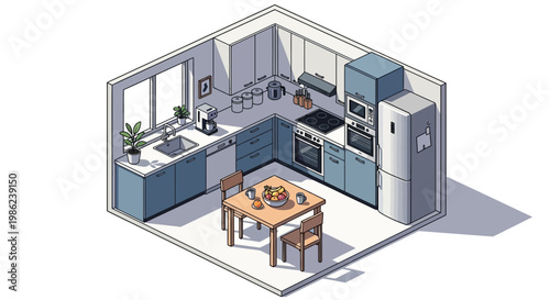 Isometric vector illustration of a kitchen interior design showing a compact space with a table set for breakfast in a room diorama, rendered in a clean, cartoon style against a white