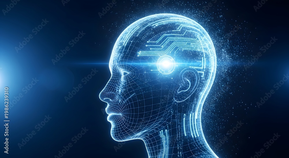 Obraz premium Futuristic human head with glowing blue circuit and light effect