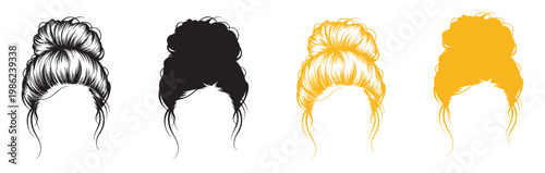 Messy bun hairstyle tutorial, easy quick bun hairstyle updo guide for long medium short women girls trendy editable vector illustration