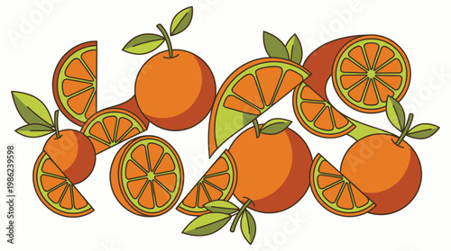 A colorful illustration of oranges and slices.
