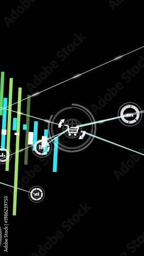 Vertical video: HUD cueing cart globe pulsing, linking nodes while bars rising to show retail sales