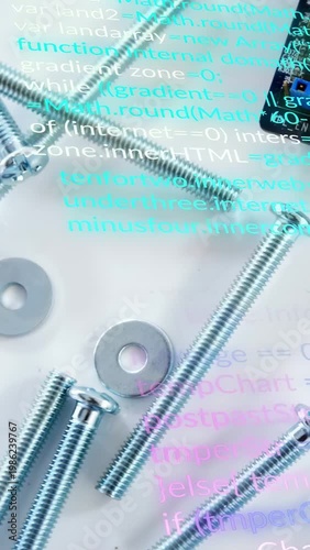 Camera panning over bolts and washers on white bench, revealing circuit board and code overlay