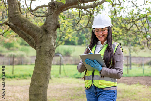 Latin female environmental engineer wearing a hard hat, safety vest, and gloves, outdoors measuring environmental data and analyzing tree health using a tablet