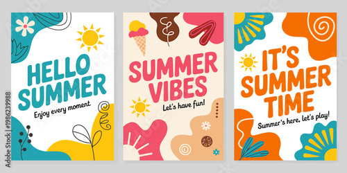 Colorful summer posters with fun illustrations and quotes about summer time activities outdoors