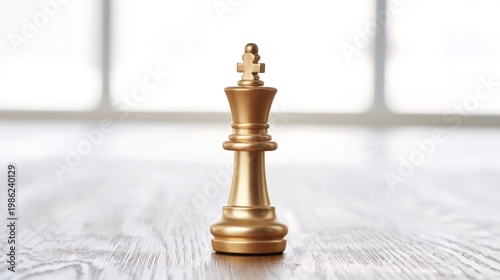 Single Gold Queen Chess Piece on Wooden Table Background
