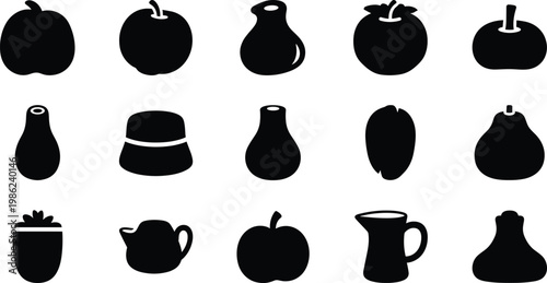 Fruit and kitchenware silhouette set, apple, pear, tomato, pumpkin, teapot, pitcher, strawberry, vase, food and drink vector graphic illustration elements.