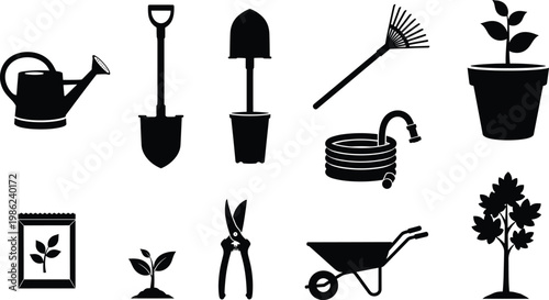 Garden tool silhouette set, watering can, shovel, rake, plant pot, wheelbarrow, garden hose, pruning shears, vector graphic design illustration elements.