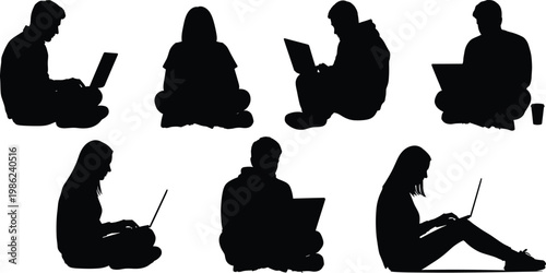 People using laptop silhouette set, man and woman sitting on floor with notebook computer, students studying, freelance remote work vector.