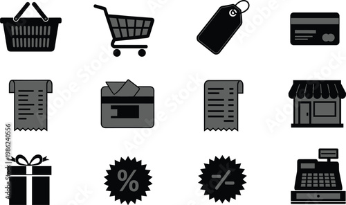 Shopping commerce silhouette set, basket, cart, tag, credit card, receipt, store front, gift box, discount percentage, cash register vector.