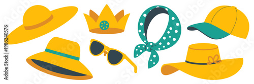 Colorful summer accessories collection with hats sunglasses crown and bandana isolated