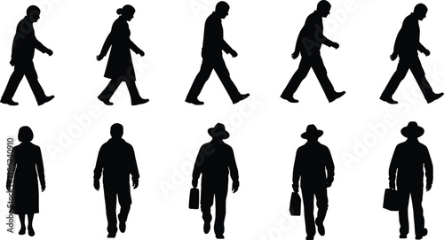 Walking people silhouette set, man woman pedestrian, business person carrying briefcase, traveler with hat, commute urban crowd vector illustration elements.