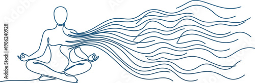 Abstract line art illustration depicts a person in a serene meditation pose, with wavy lines flowing from their back, symbolizing peaceful energy, spiritual connection, and balanced wellness.