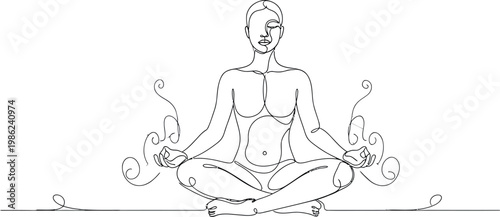 Minimalist line art drawing of a person in a serene lotus meditation pose with a golden mandala and radiating light depicting spiritual awakening and mindfulness.