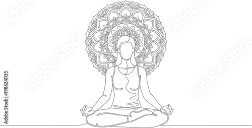 Continuous one line drawing illustration of a person meditating in a serene lotus position, with an intricate spiritual mandala pattern, embodying tranquility, balance, and inner peace.