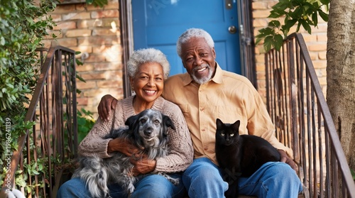 Smiling senior African American couple sitting on porch steps with pets, enjoying happy retirement lifestyle at home.