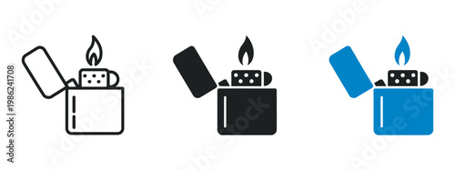 Gasoline lighter icon, fire start concept, pocket lighter ignition symbol, flame spark fuel sign, refillable flammable tool vector illustration design