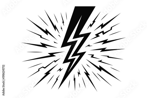 Black lightning bolt, radiating energy, power symbol, electric shock, abstract graphic, explosive force, dynamic burst