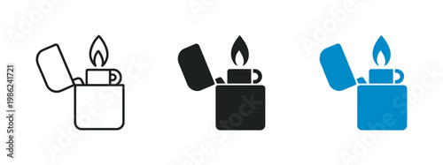 Gasoline lighter icon, pocket lighter ignition symbol, flame spark fuel sign, fire start concept representing refillable flammable ignition tool vector