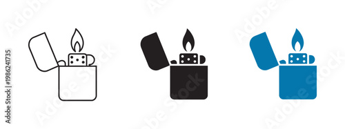 Gasoline lighter icon, pocket lighter ignition symbol, flame spark fuel sign, fire start concept representing refillable flammable ignition tool vector
