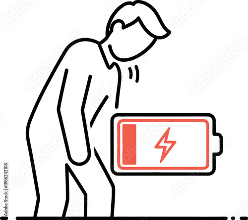 Person feeling drained and exhausted with a low battery symbol beside them, representing burnout and lack of energy in modern life.