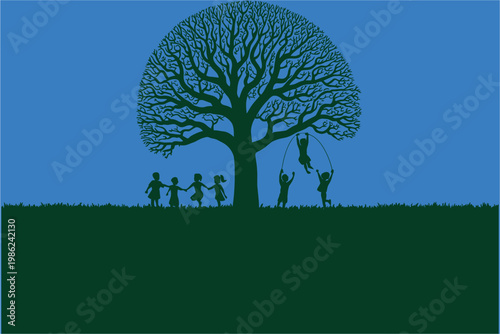 Children playing under large tree, green grass, blue sky, freedom, childhood, nature, joy, silhouette