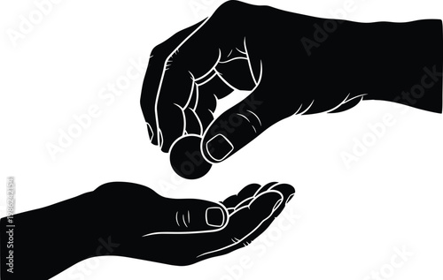 Illustration showing two black silhouettes of hands with one hand giving coin to other hand