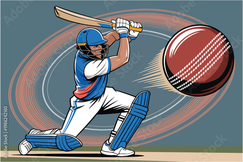 Cricket batsman player playing big shot on field with large red ball fast action motion background vector illustration graphic