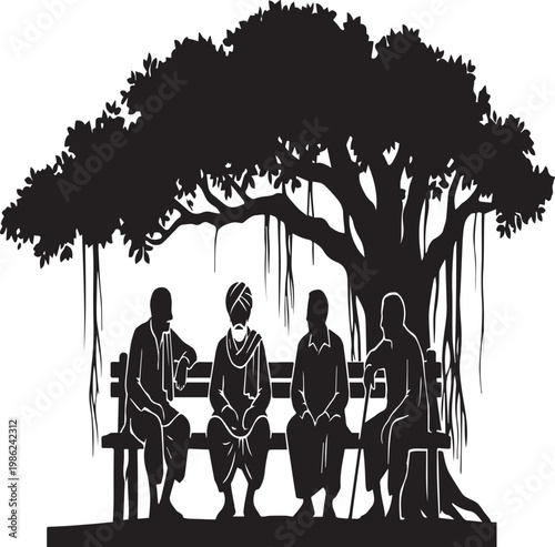 Rural Village Elders Conversing Under Tree Silhouettes
