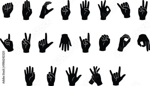 American sign language alphabet hand gestures collection isolated on white background silhouette set