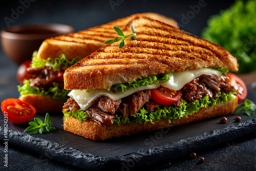 Sandwich with meat ( beef ), cheese, tomatoes, lettuce, and toasted bread. on the plat, Above view, Sandwich cut in half. Two pieces of delicious vegetarian sandwich with lettuce, tomatoes and sauce.