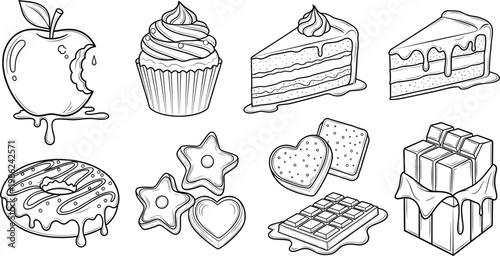 Black and white outline drawings of various sweet treats, food vector illustration