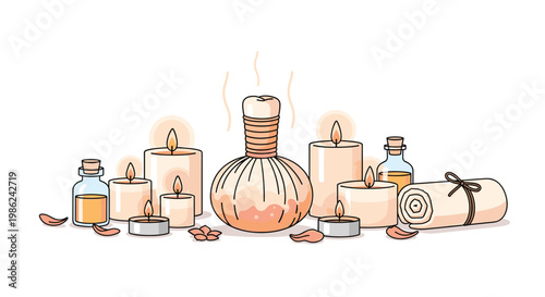 A meticulous arrangement of aromatic spa essentials featuring a central herbal compress surrounded by flickering candles and glass oil bottles on a clean white background.