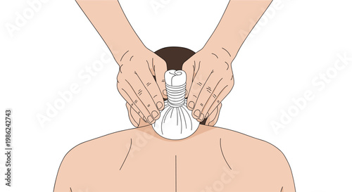 Skilled hands perform a traditional Thai massage using a pristine white herbal compress ball on the upper back and neck of a relaxed individual in a studio.