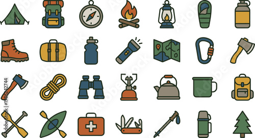 Camping and outdoor adventure vector icons collection for hiking mountaineering and wilderness trips