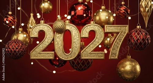 Golden 2027 numbers with red and gold christmas ornaments