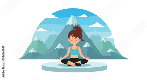 A serene young woman practices mindful meditation in a cross-legged lotus position atop a circular pedestal with majestic snow-capped mountains in the distant background.