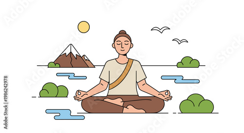 A peaceful monk sits in a meditative lotus posture within a minimalist landscape featuring a golden sun, distant mountains, and graceful birds over calm waters.