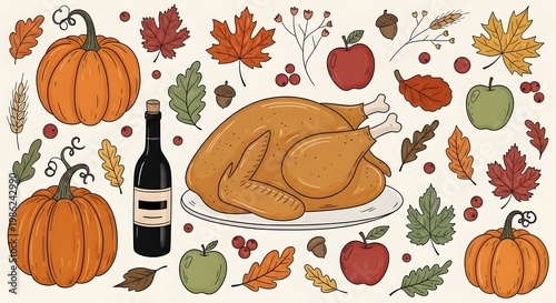 Hand-drawn thanksgiving feast with pumpkins, turkey, and autumn leaves