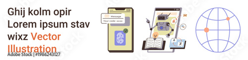 Digital security, AI assistance, global connectivity, educational learning, data sharing, mobile communication. devices, robot globe and messaging visuals. Digital security and AI assistance
