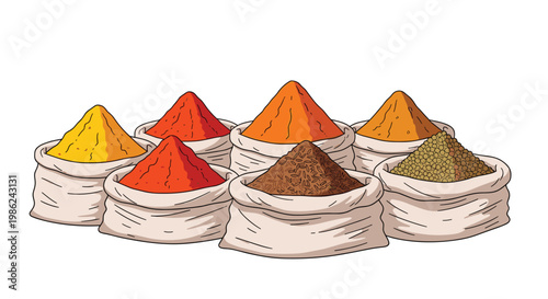 A vibrant collection of open white fabric sacks overflows with diverse aromatic powdered spices including yellow turmeric and deep red chili on a white surface.